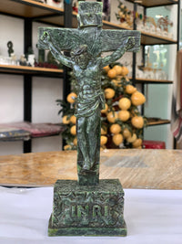 Hand-Carved Natural Gemstone Jesus Christ on Crucifix Cross Statue - 8.7