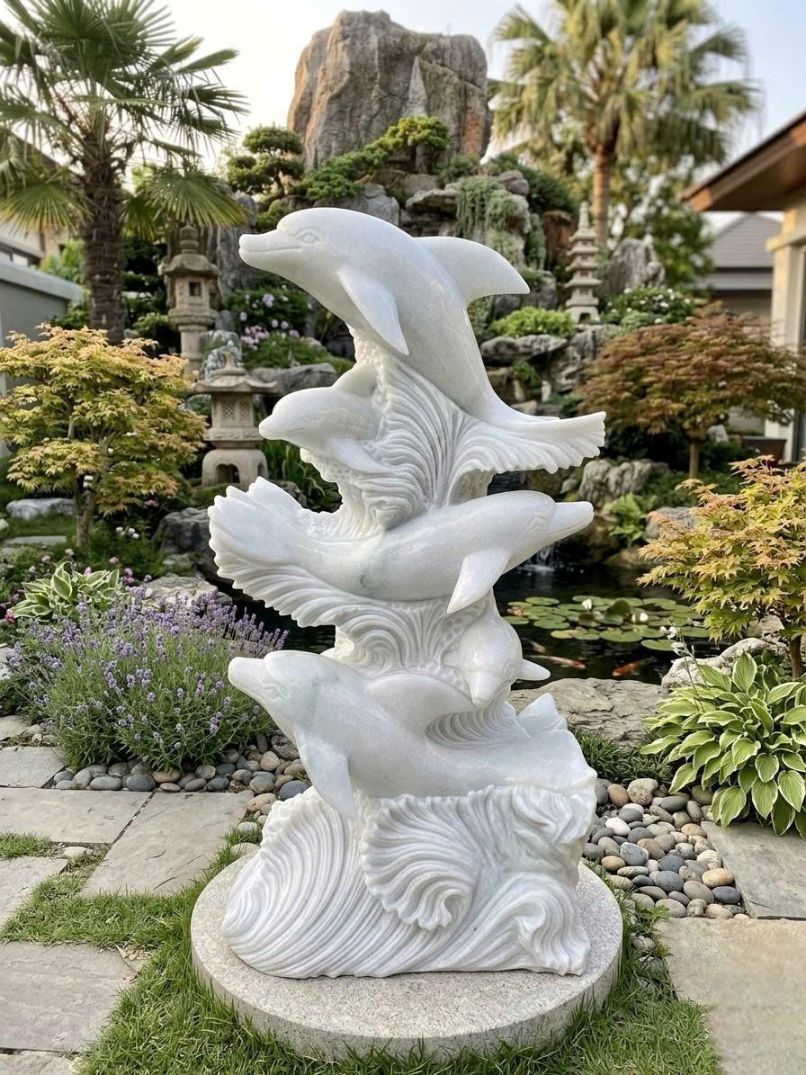 Hand-Carved Natural White Marble Dolphin Family Statue - 47" Large Ocean Life Garden Sculpture (Included Express Shipping)