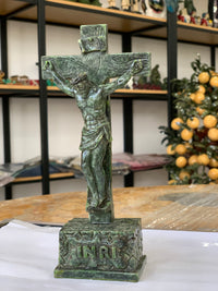 Hand-Carved Natural Gemstone Jesus Christ on Crucifix Cross Statue - 8.7