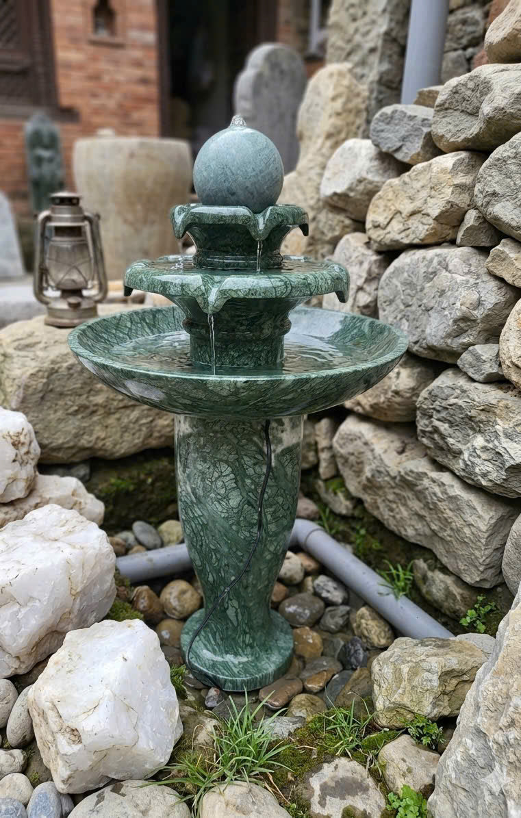 Natural Green Onyx Marble Water Fountain - 31" Hand-Carved Rolling Ball Feng Shui Tabletop & Garden Fountain (Included Express Shipping)