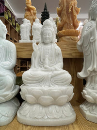 Thumbnail for A SEATED WHITE GUAN YIN STATUE, NATURAL STONE, HAND-CARVED GUAN YIN STATUES BY HAND, LUCKILY, FORTUNE FOR YOUR FAMILY