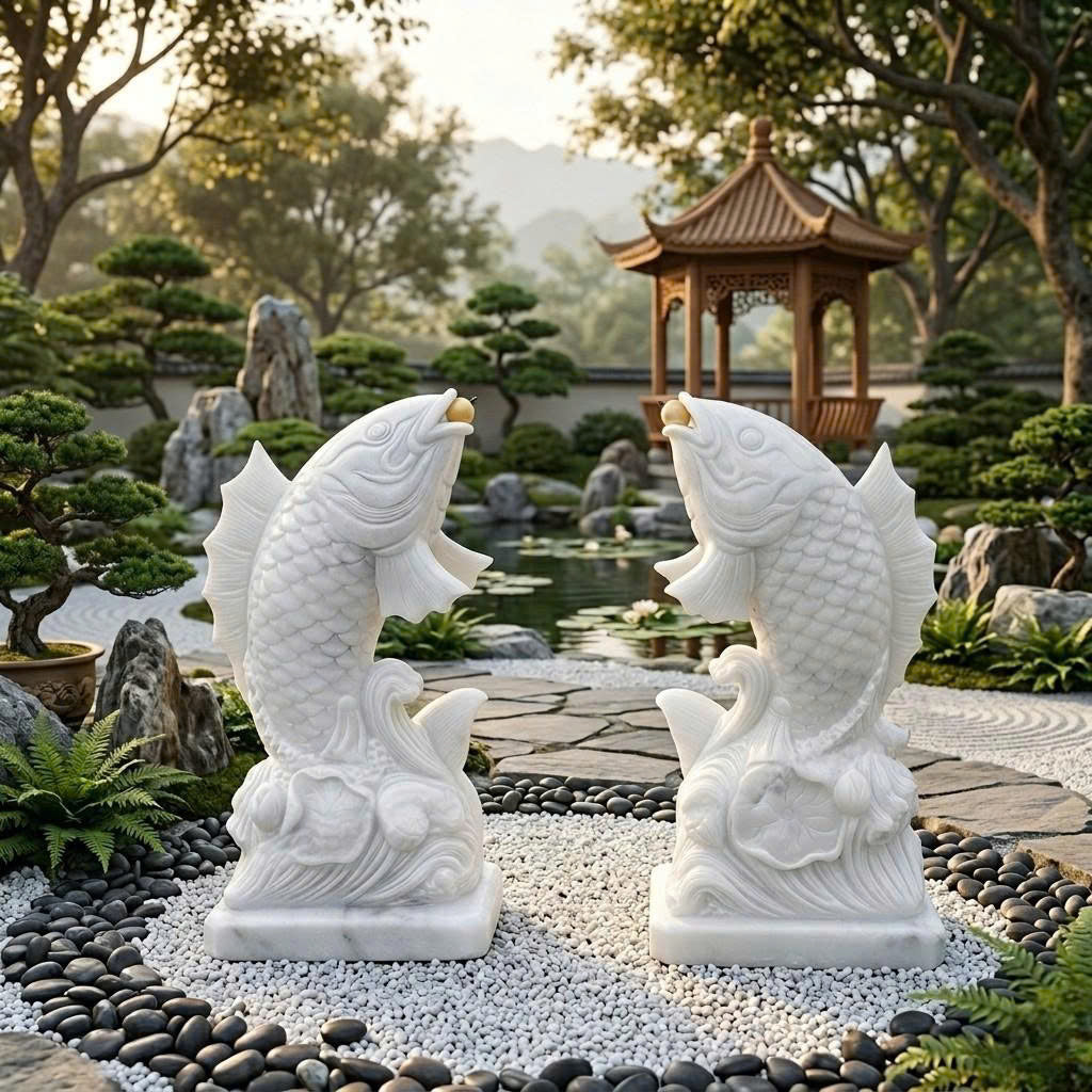 Hand-Carved Natural White Marble Carp Fish Statues - Pair of 39" Lucky Koi Sculptures for Home & Garden (Set of 2 - Included Express Shipping)