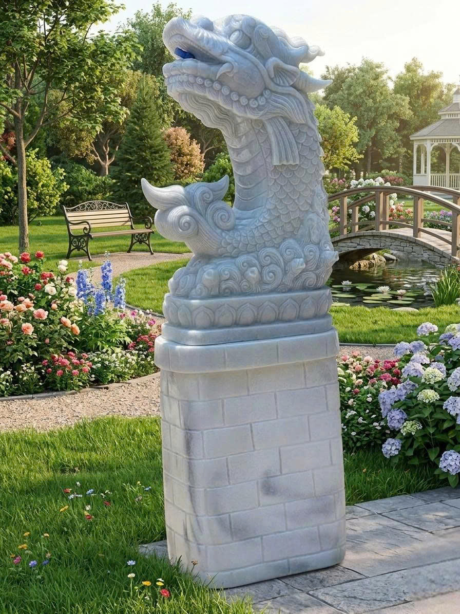 Hand-Carved Natural White Marble Dragon Carp Statue - Lucky Dragon Fish Sculpture for Home & Garden (Included Express Shipping)