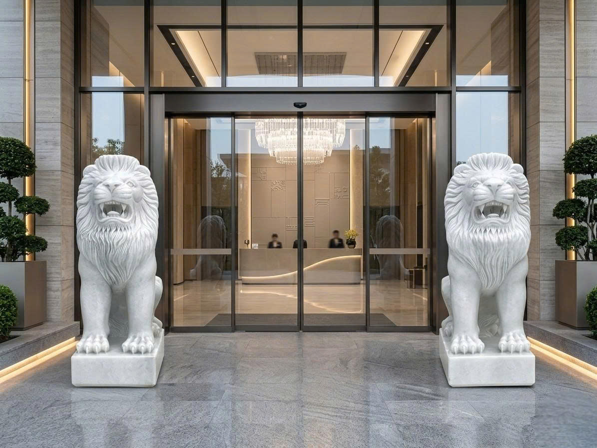 Hand-Carved Natural White Marble Guardian Lion Statues - Pair of 35" Regal Foo Dog Sculptures for Outdoor Entrance (Set of 2 - Included Express Shipping)