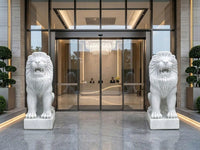 Hand-Carved Natural White Marble Guardian Lion Statues - Pair of 35