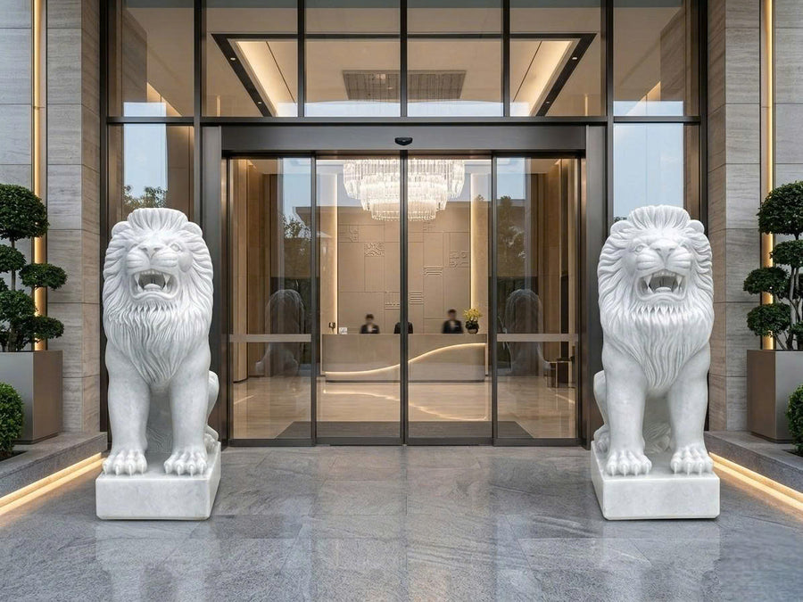 Hand-Carved Natural White Marble Guardian Lion Statues - Pair of 35" Regal Foo Dog Sculptures for Outdoor Entrance (Set of 2 - Included Express Shipping)