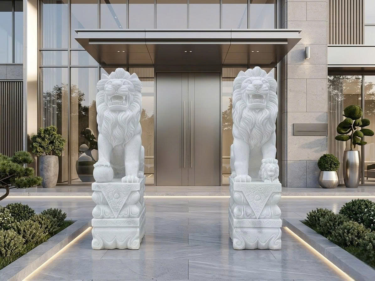 Hand-Carved Natural White Marble Lobby Guardian Lion Statues - Pair of 49" Regal Foo Dog Sculptures for Entrance Gate (Set of 2 - Included Express Shipping)