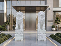 Hand-Carved Natural White Marble Lobby Guardian Lion Statues - Pair of 49