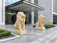 Hand-Carved Natural Orange Marble Wealth Guardian Lion Statues - Pair of 49