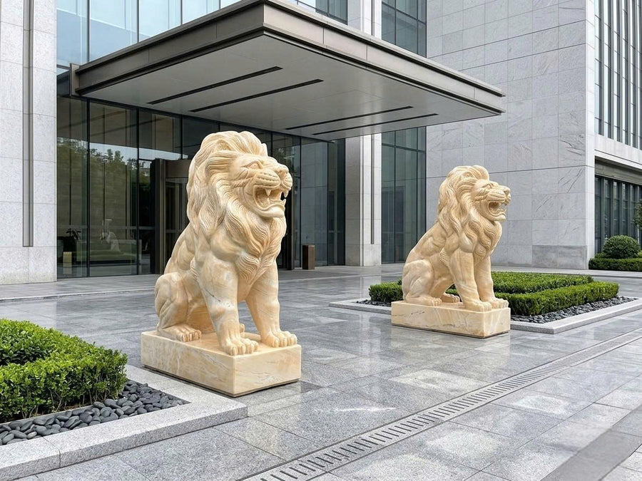 Hand-Carved Natural Orange Marble Wealth Guardian Lion Statues - Pair of 49" Golden Foo Dog Sculptures for Entrance Gate (Set of 2 - Included Express Shipping)