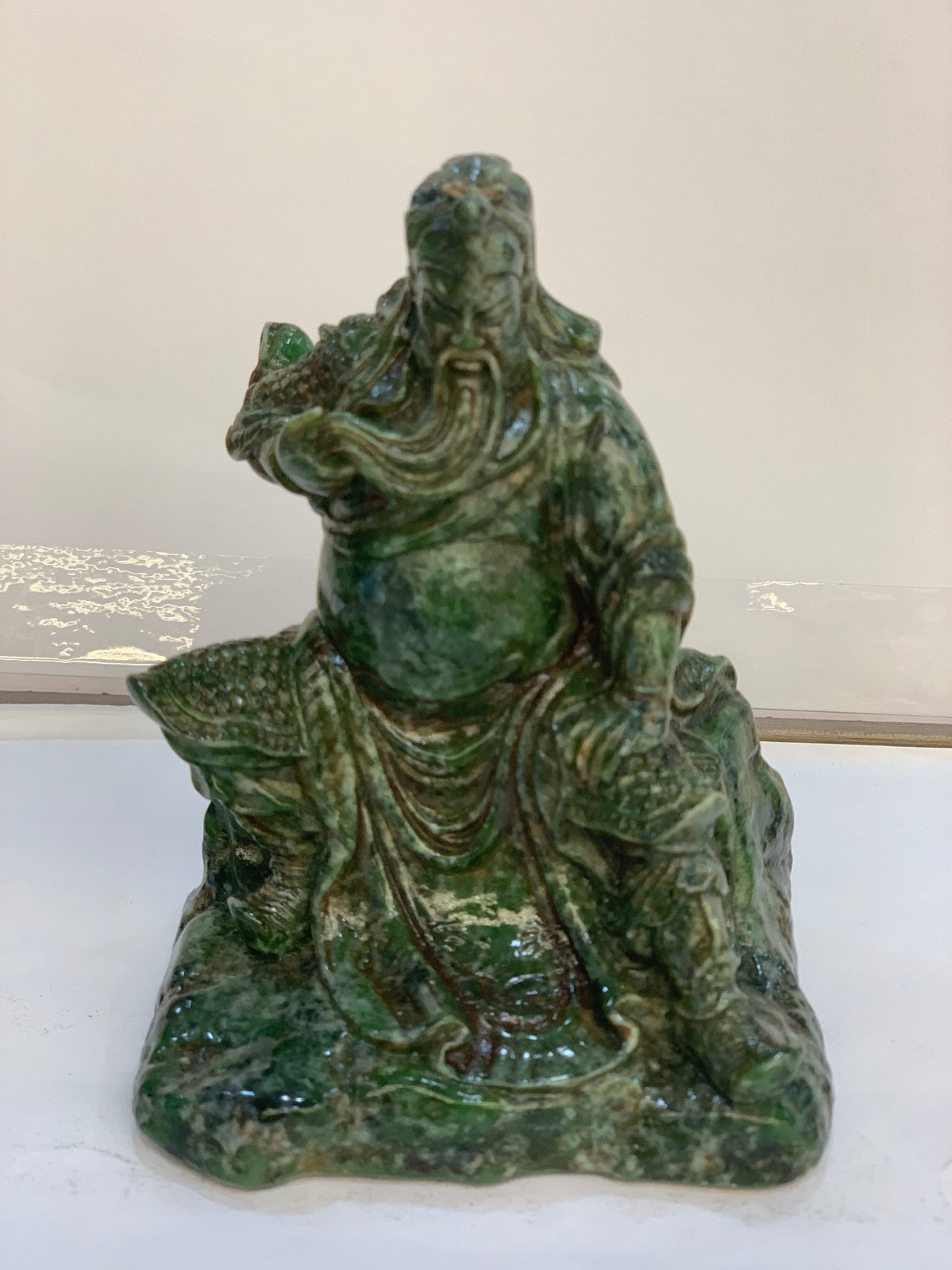 Hand-Carved Natural Landscape Jade Guan Gong Statue - 3.9" Feng Shui Wealth & Protection General Sculpture for Office Desk & Car Dashboard (Included Express Air Shipping)