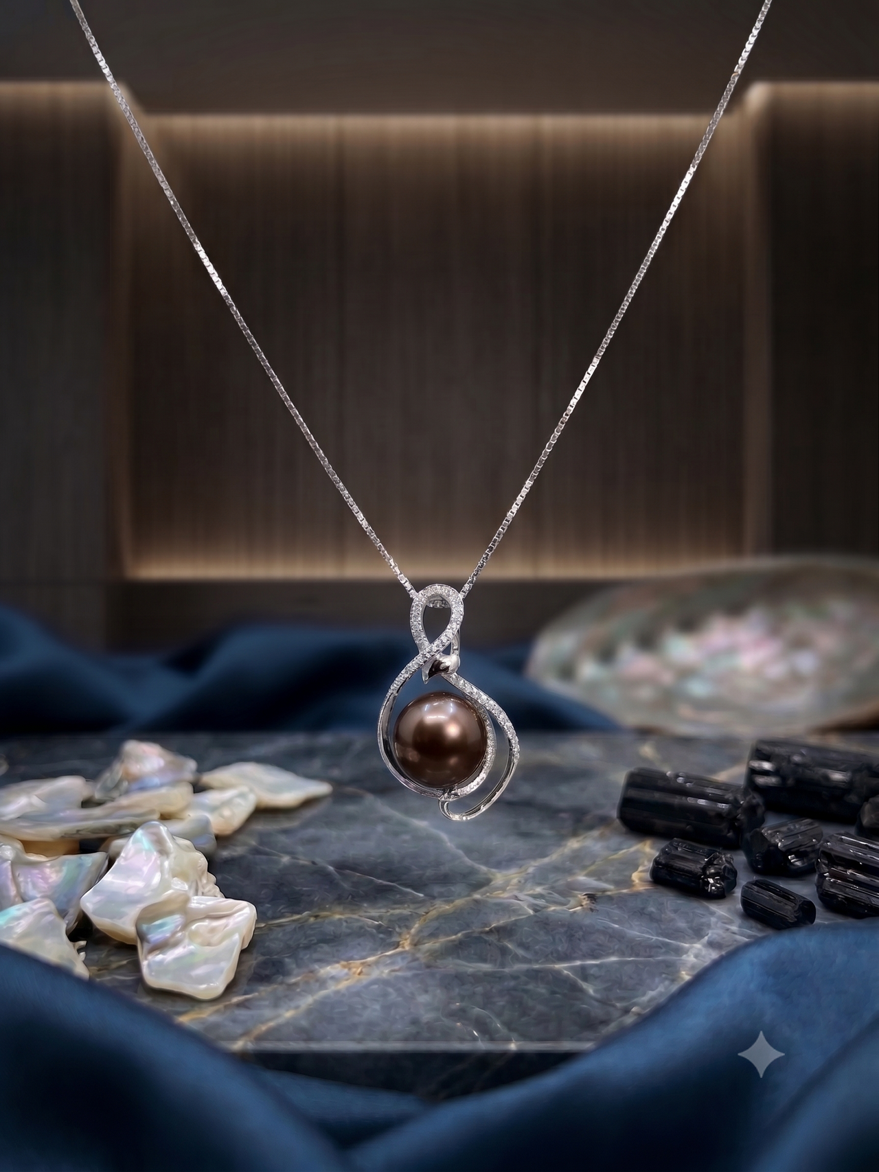 Swirl Dark Grey Pearl Pendant Necklace, Luxury Self-Purchase Jewelry, Classic Infinity Pearl Necklace