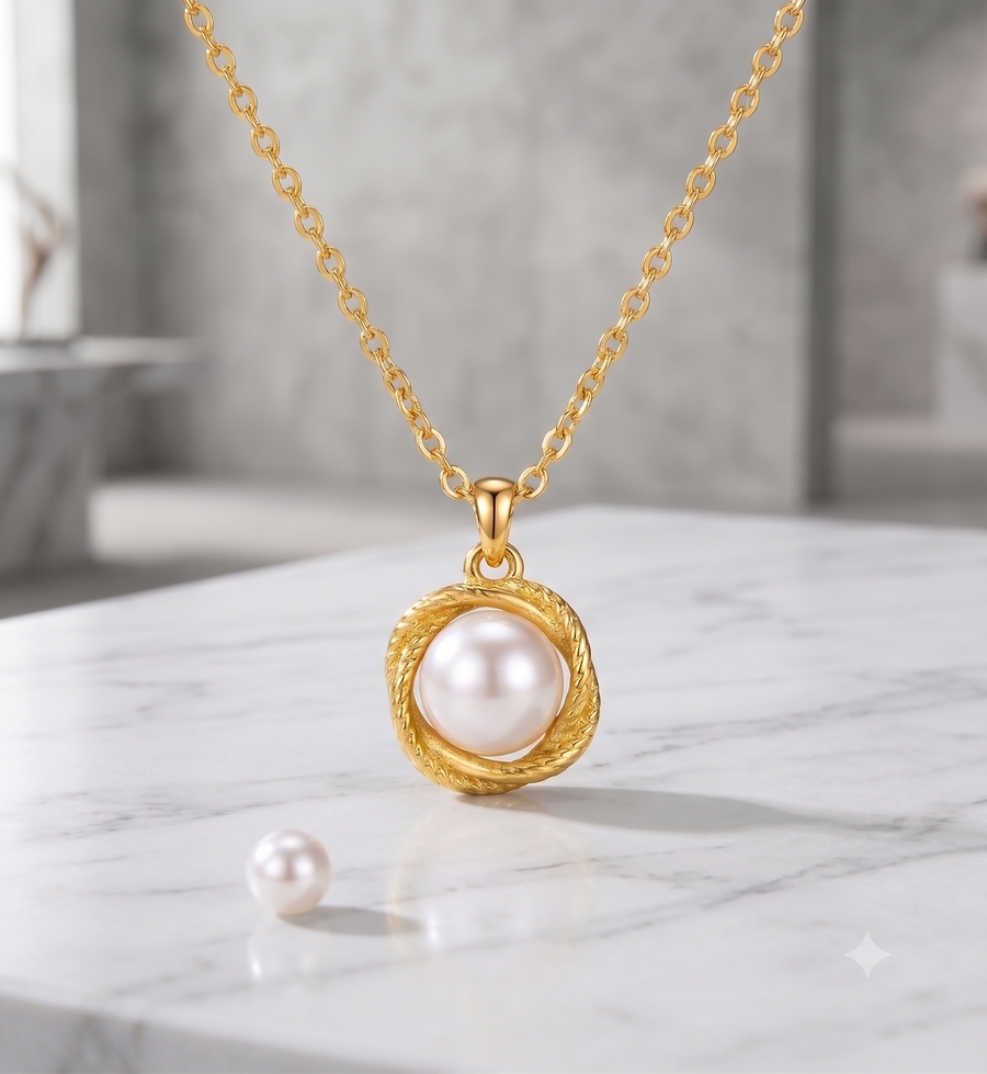 Gold Braided White Pearl Pendant Necklace, Luxury Self-Reward Jewelry for Women, Elegant Twisted Necklace Gift for Yourself