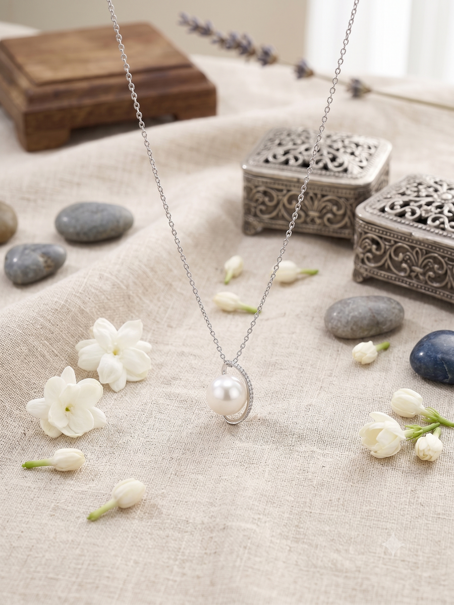 White Pearl Orbit Pendant Necklace for Women, Luxury Self-Reward Jewelry Gift, Modern Celestial Pendant for Yourself