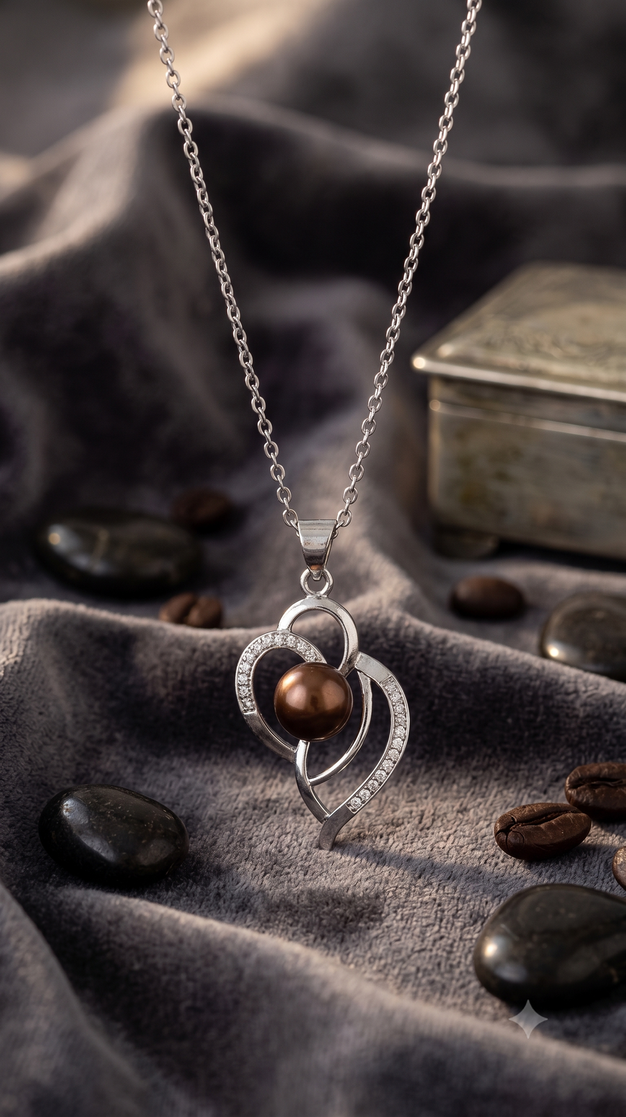 Dark Grey Pearl Heart Pendant Necklace for Women, Luxury Self-Reward Jewelry Gift, Elegant Interlocking Heart Necklace for Yourself