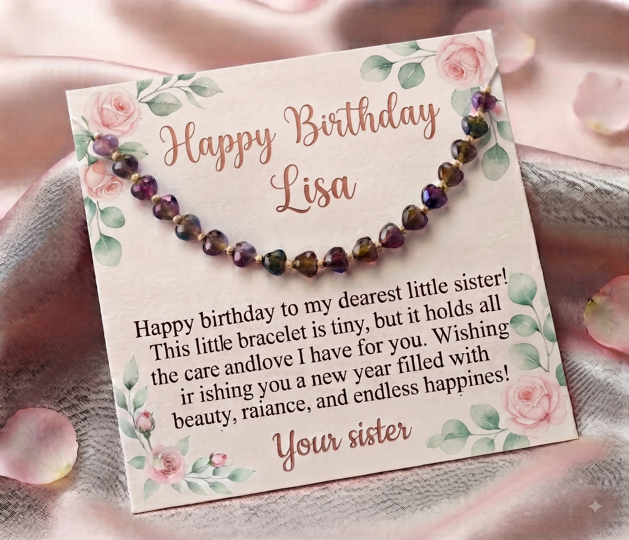 Personalized Heart Stone Bracelet for Little Sister, Custom Birthday Message Card Jewelry, Meaningful Gift for Sister, Birthday Gift for Her