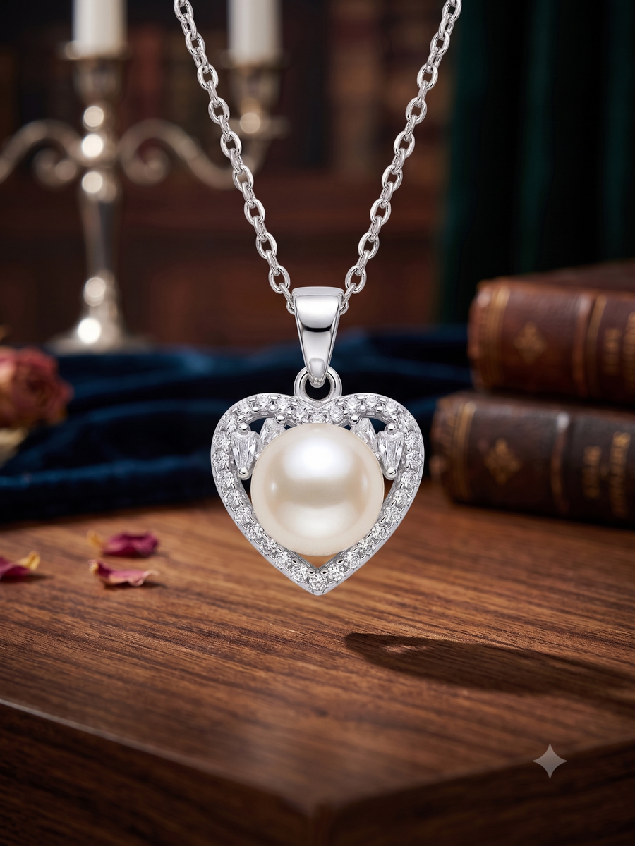 Heart-Shaped White Pearl Pendant Necklace, Luxury Self-Reward Jewelry for Women, Romantic Heart Necklace Gift for Yourself