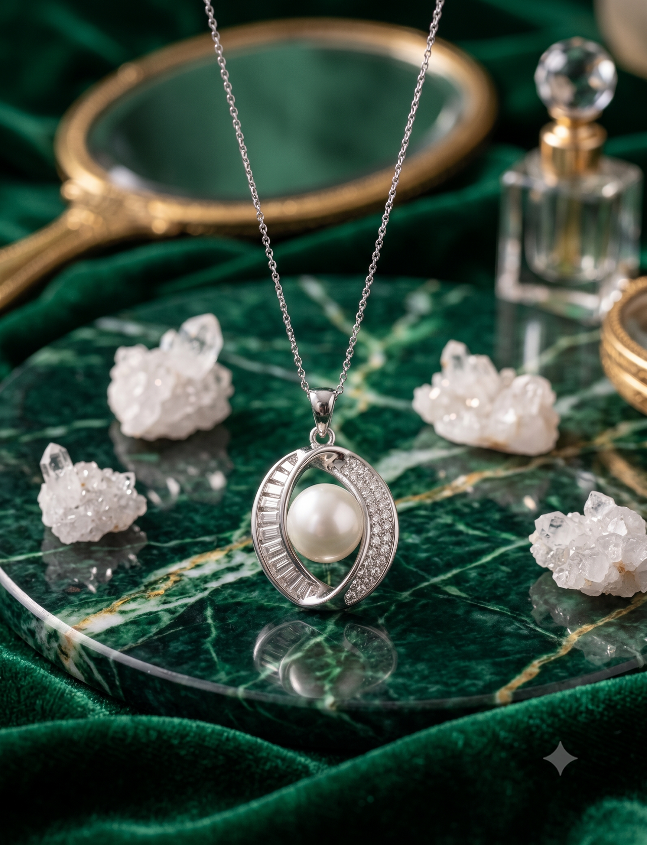 Oval Crystal Halo Pearl Pendant Necklace for Women, Luxury Self-Purchase Jewelry, Classic Modern Necklace