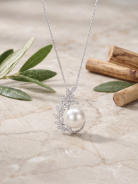 White Pearl Olive Branch Necklace for Women, Elegant Nature-Inspired Pendant Jewelry, Self-Love Gift
