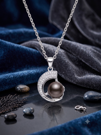 Crescent Moon Dark Grey Pearl Pendant Necklace, Luxury Self-Reward Jewelry for Women, Elegant Celestial Necklace Gift for Yourself