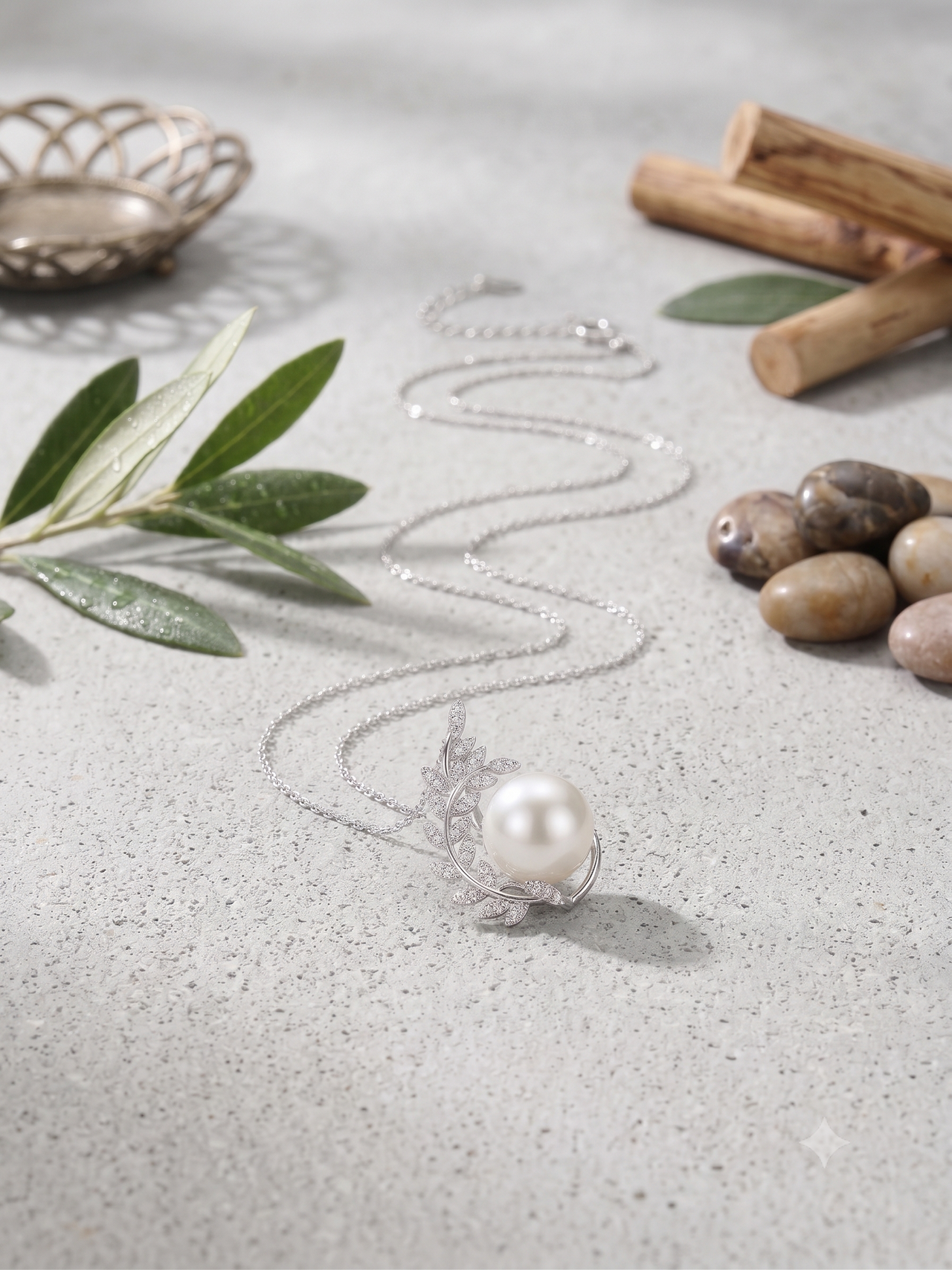 White Pearl Olive Branch Necklace for Women, Elegant Nature-Inspired Pendant Jewelry, Self-Love Gift