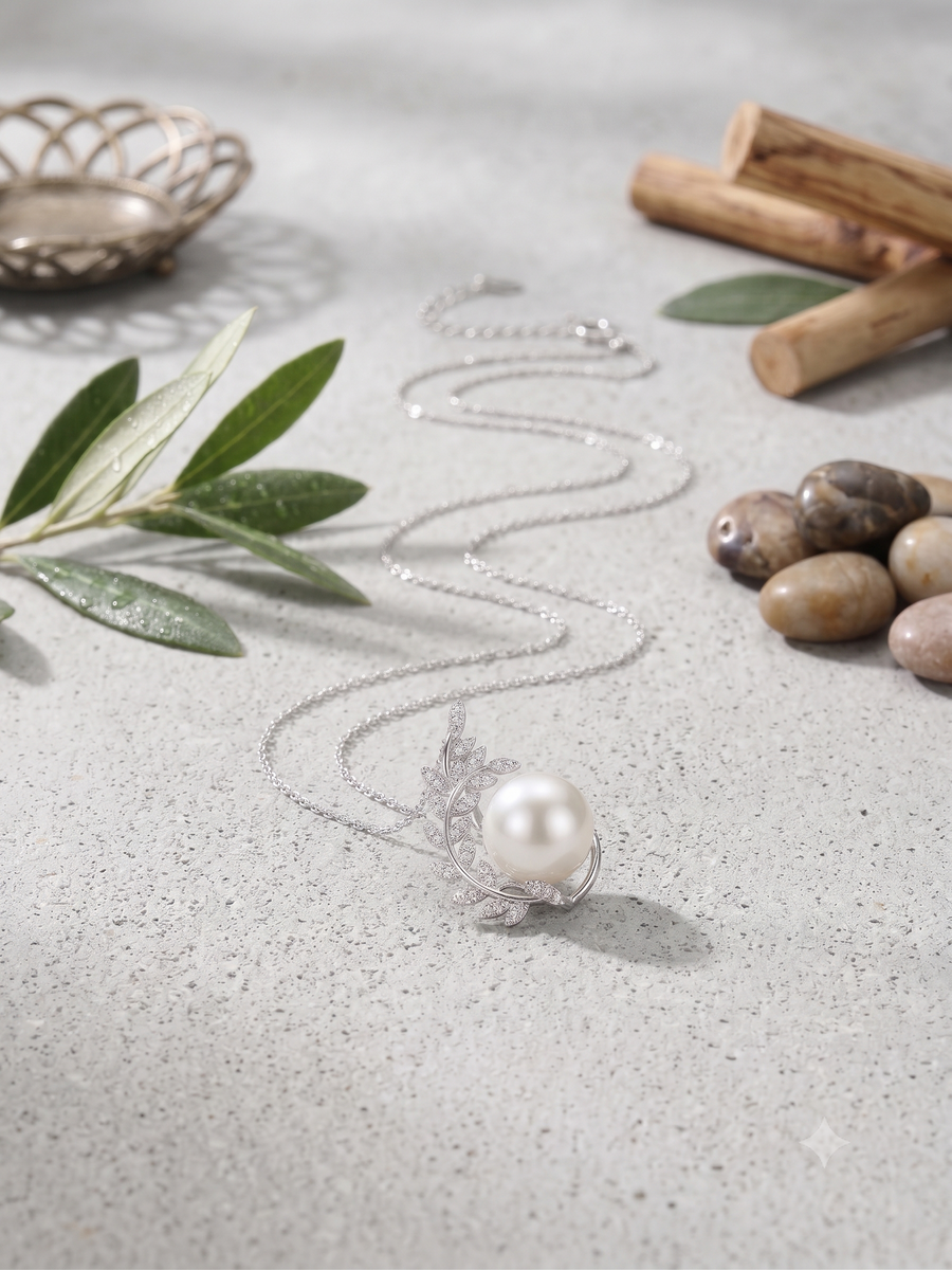 White Pearl Olive Branch Necklace for Women, Elegant Nature-Inspired Pendant Jewelry, Self-Love Gift