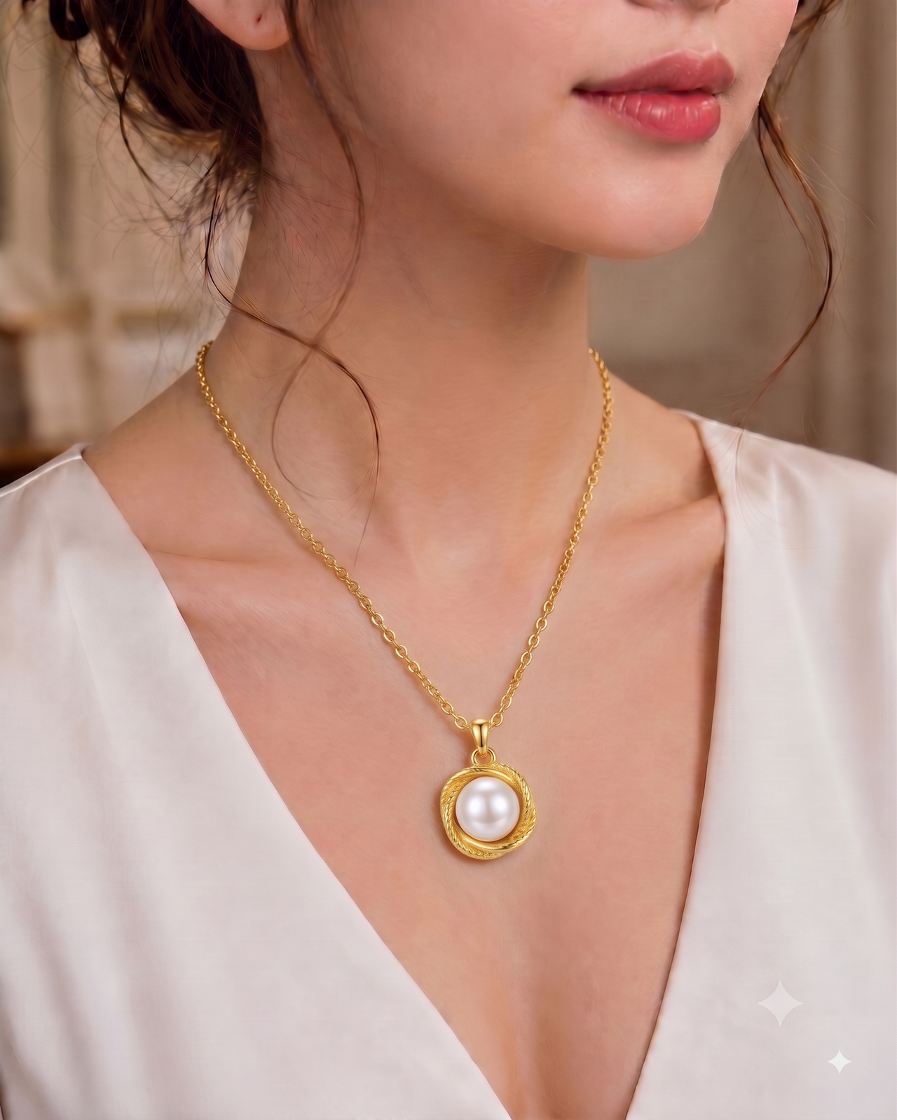 Gold Braided White Pearl Pendant Necklace, Luxury Self-Reward Jewelry for Women, Elegant Twisted Necklace Gift for Yourself