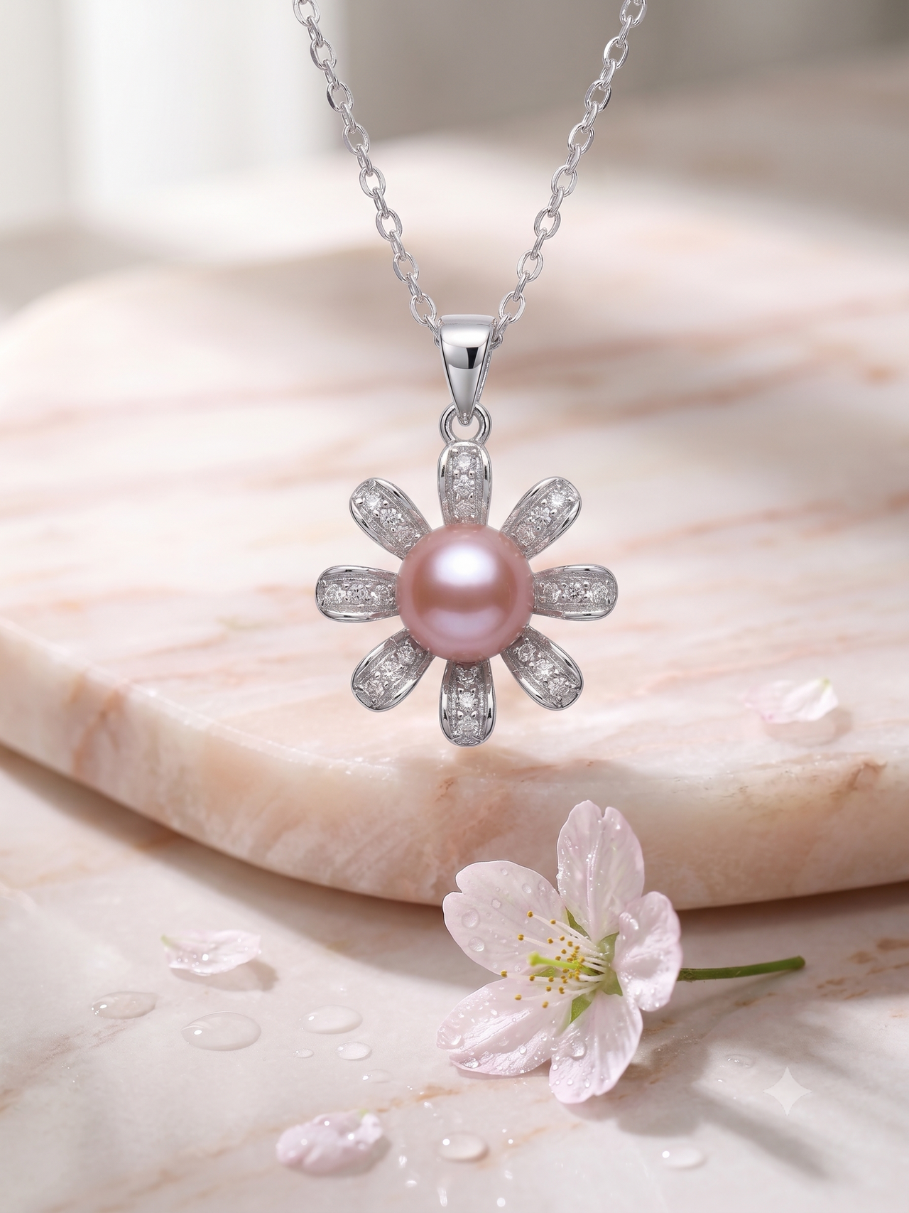 Blooming Pink Pearl Flower Necklace for Women, Elegant Self-Care Jewelry Gift, Timeless Pendant for Yourself
