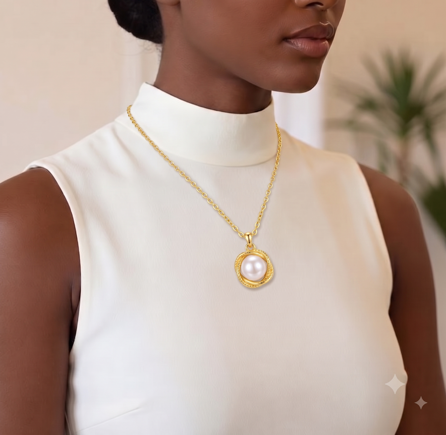 Gold Braided White Pearl Pendant Necklace, Luxury Self-Reward Jewelry for Women, Elegant Twisted Necklace Gift for Yourself