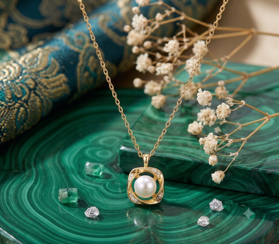 Geometric Gold White Pearl Pendant Necklace, Luxury Self-Reward Jewelry for Women, Elegant Square Pearl Necklace Gift for Yourself