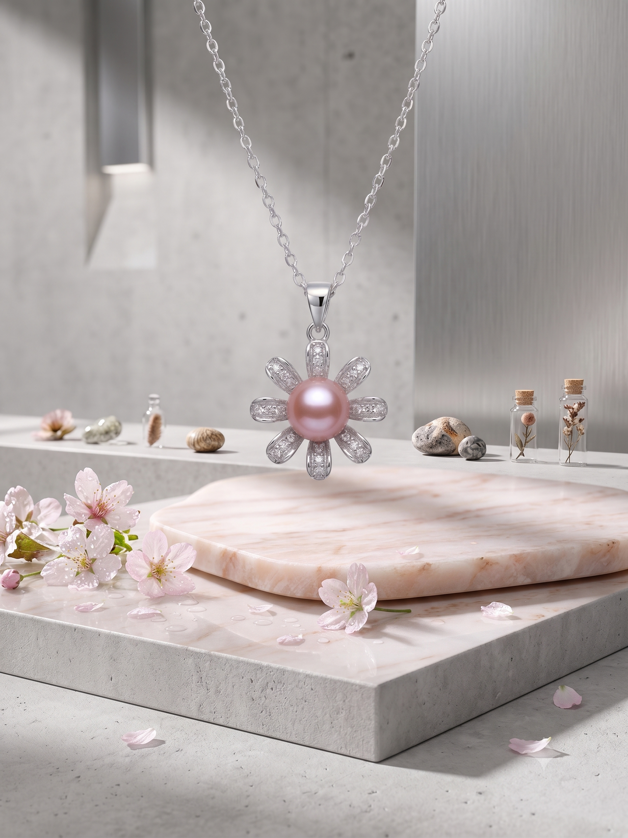 Blooming Pink Pearl Flower Necklace for Women, Elegant Self-Care Jewelry Gift, Timeless Pendant for Yourself