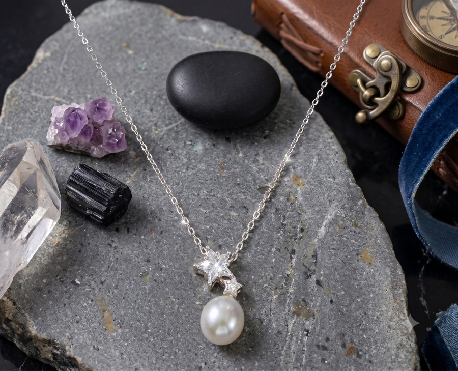 Celestial Star White Pearl Pendant Necklace, Luxury Self-Reward Jewelry for Women, Elegant Starry Necklace Gift for Yourself