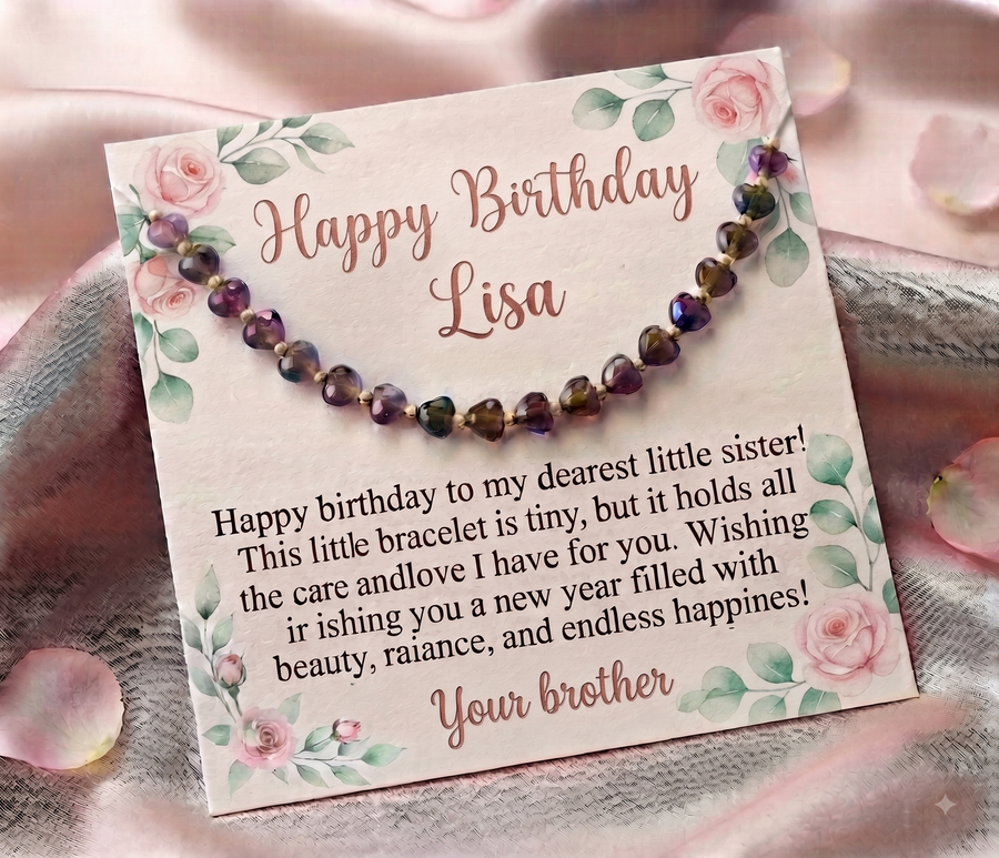 Personalized Heart Stone Bracelet for Little Sister, Custom Birthday Message Card Jewelry, Meaningful Gift for Sister, Birthday Gift for Her
