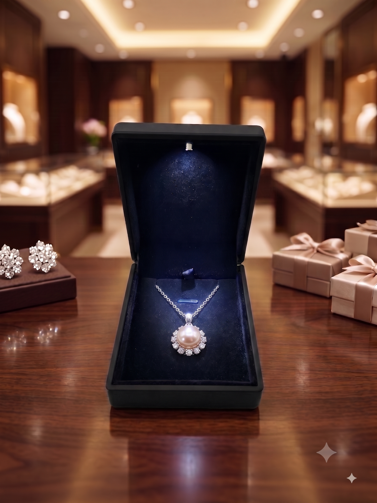 Pink Pearl Sunburst Halo Pendant Necklace, Luxury Self-Reward Jewelry for Women, Elegant Round Necklace Gift for Yourself