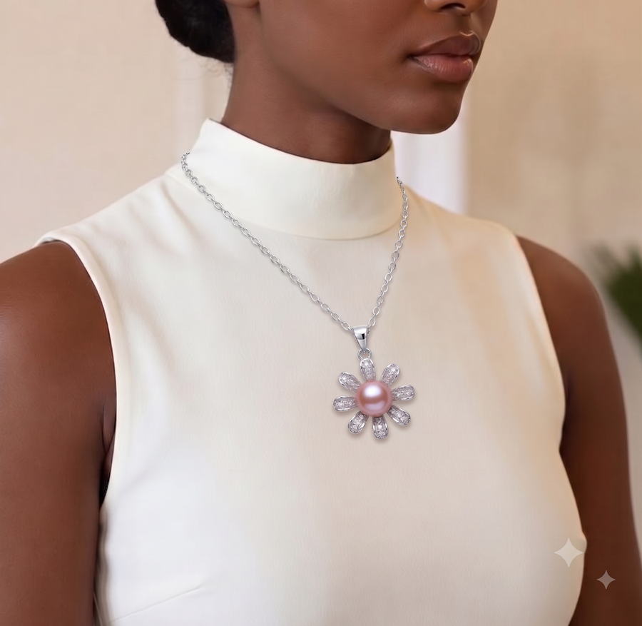 Blooming Pink Pearl Flower Necklace for Women, Elegant Self-Care Jewelry Gift, Timeless Pendant for Yourself