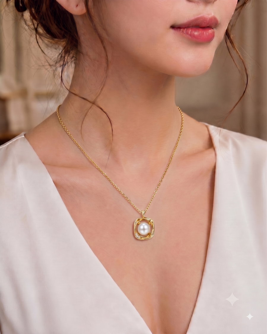 Geometric Gold White Pearl Pendant Necklace, Luxury Self-Reward Jewelry for Women, Elegant Square Pearl Necklace Gift for Yourself