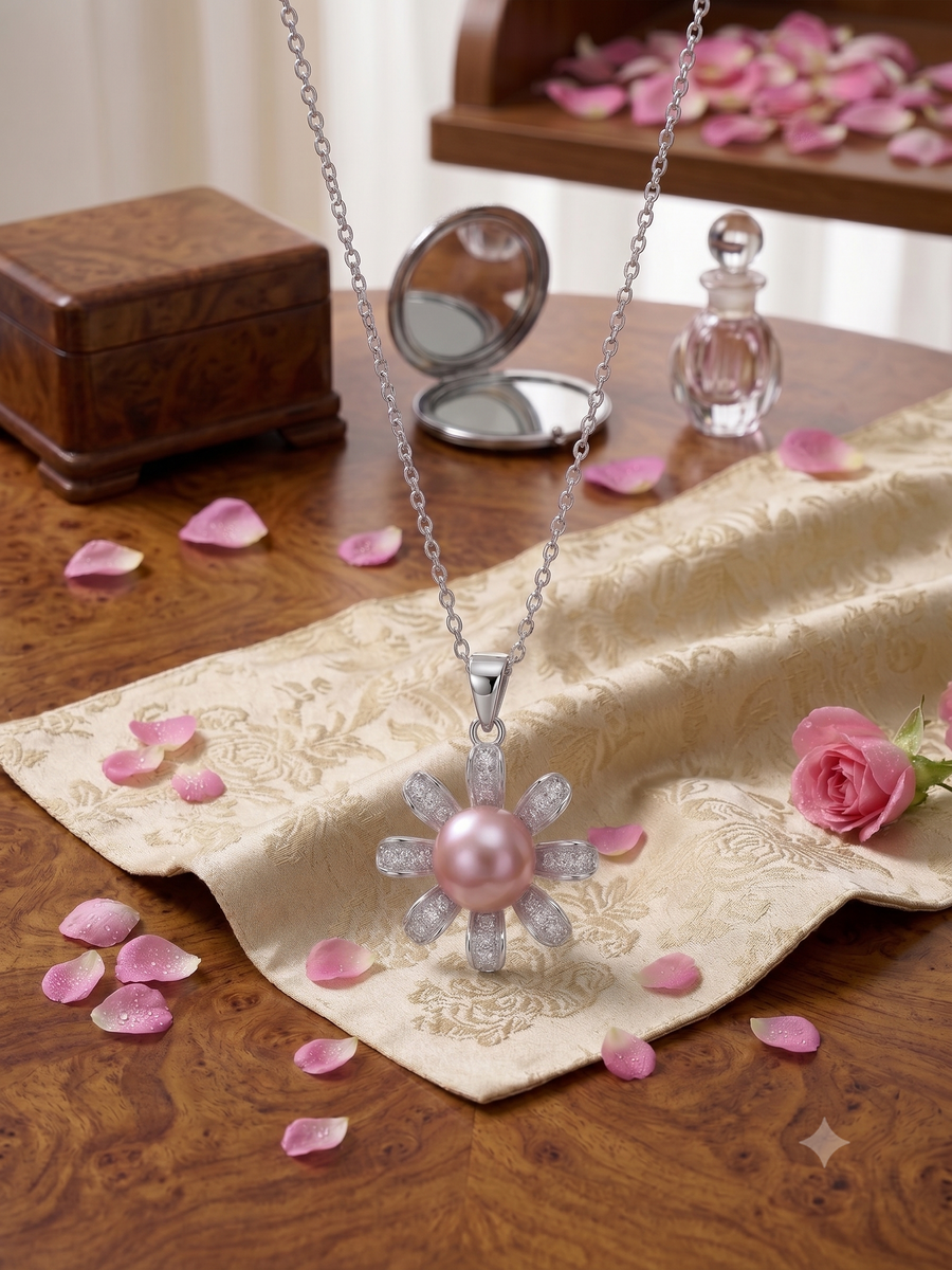 Blooming Pink Pearl Flower Necklace for Women, Elegant Self-Care Jewelry Gift, Timeless Pendant for Yourself