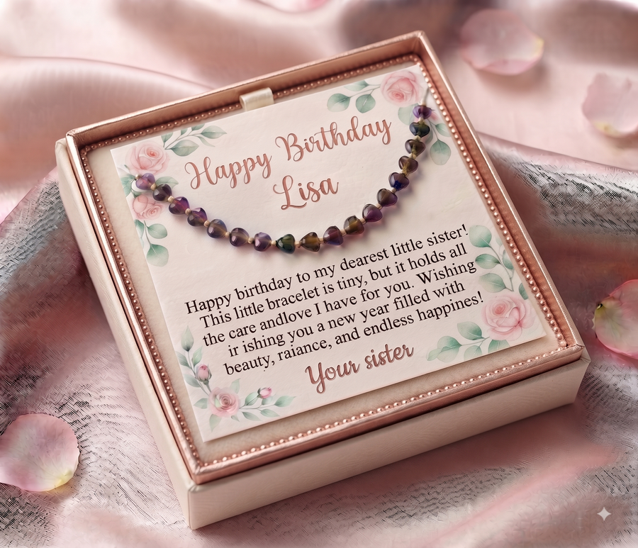 Personalized Heart Stone Bracelet for Little Sister, Custom Birthday Message Card Jewelry, Meaningful Gift for Sister, Birthday Gift for Her