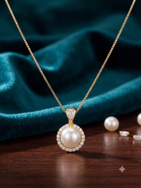 Gold Halo White Pearl Pendant Necklace, Luxury Self-Reward Jewelry for Women, Elegant Round Pendant Gift for Yourself