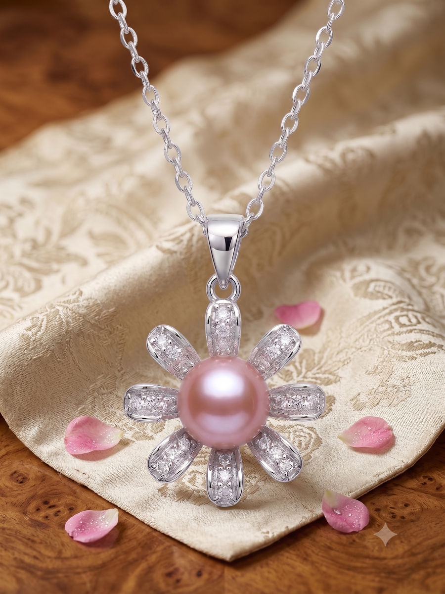 Blooming Pink Pearl Flower Necklace for Women, Elegant Self-Care Jewelry Gift, Timeless Pendant for Yourself