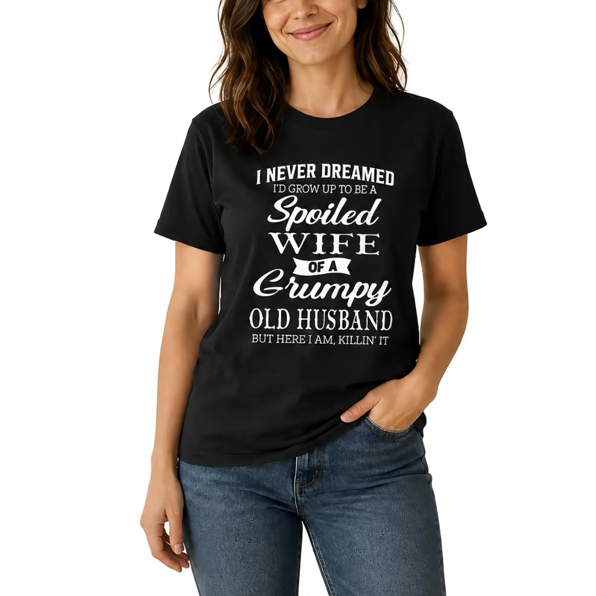 Spoiled Wife Of A Grumpy Old Husband Shirt – Funny Marriage Quote Graphic Tee, Couple Humor Black Cotton Short Sleeve Top