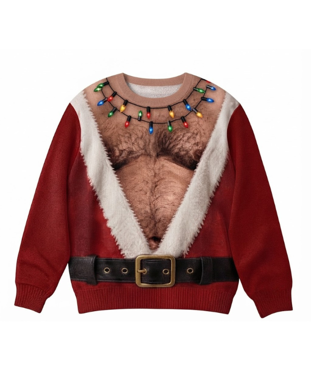 Funny Christmas Sweater with Hairy Chest Print – Novelty Santa Costume Sweatshirt for Holiday Parties