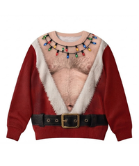 Funny Christmas Sweater with Hairy Chest Print – Novelty Santa Costume Sweatshirt for Holiday Parties