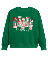 Merry Christmas Patchwork Sweatshirt – Cute Holiday Bow Graphic Crewneck, Festive Winter Casual Pullover for Women & Men