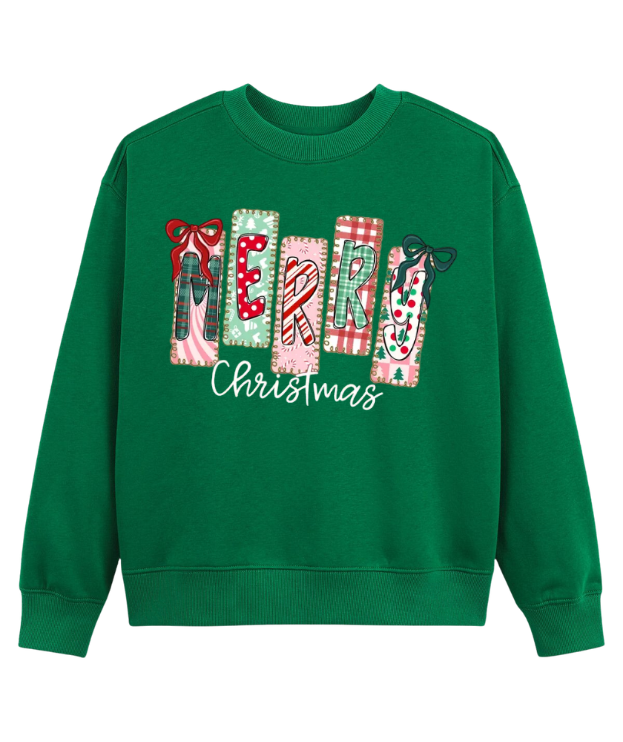 Merry Christmas Patchwork Sweatshirt – Cute Holiday Bow Graphic Crewneck, Festive Winter Casual Pullover for Women & Men
