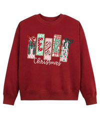 Merry Christmas Patchwork Sweatshirt – Cute Holiday Bow Graphic Crewneck, Festive Winter Casual Pullover for Women & Men