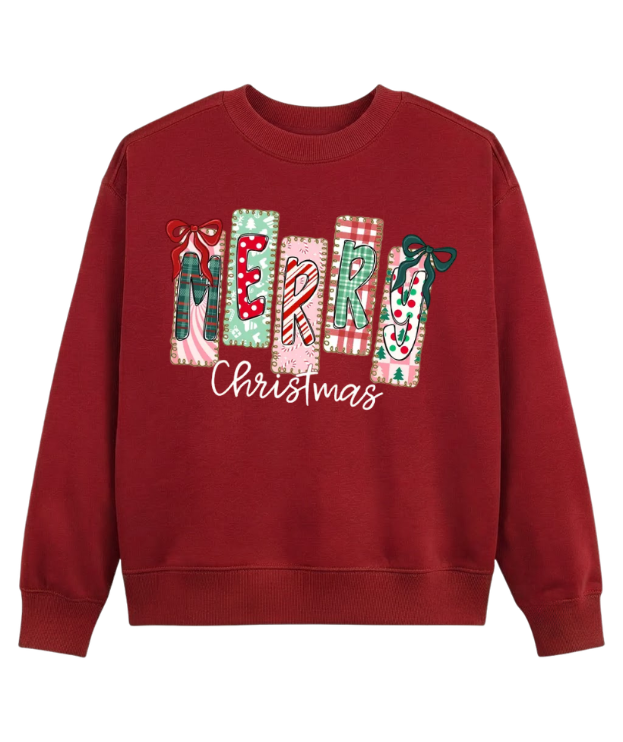 Merry Christmas Patchwork Sweatshirt – Cute Holiday Bow Graphic Crewneck, Festive Winter Casual Pullover for Women & Men