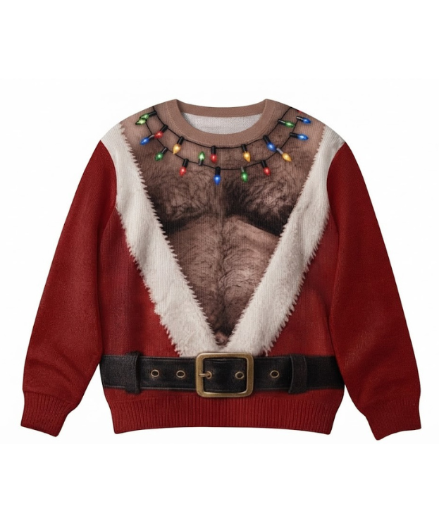 Funny Christmas Sweater with Hairy Chest Print – Novelty Santa Costume Sweatshirt for Holiday Parties