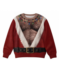 Funny Christmas Sweater with Hairy Chest Print – Novelty Santa Costume Sweatshirt for Holiday Parties