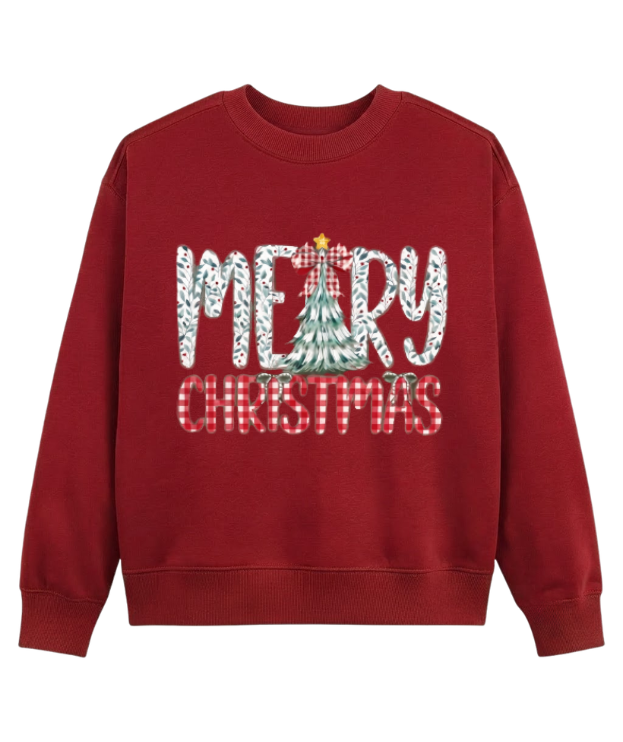 Merry Christmas T-Shirt – Cute Holiday Bow Christmas Tree Graphic Tee, Girly Xmas Gift